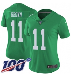 Women's Nike Philadelphia Eagles #11 A.J. Brown Green Stitched NFL Limited Rush 100th Season Jersey