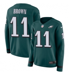 Women's Nike Philadelphia Eagles #11 A.J. Brown Green Team Color Stitched NFL Limited Therma Long Sleeve Jersey