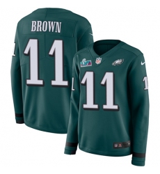 Women's Nike Philadelphia Eagles #11 A.J. Brown Green Team Color Super Bowl LVII Patch Stitched NFL Limited Therma Long Sleeve Jersey