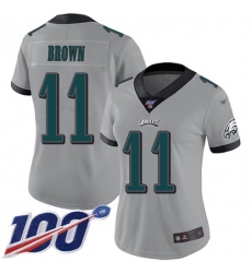 Women's Nike Philadelphia Eagles #11 A.J. Brown Silver Stitched NFL Limited Inverted Legend 100th Season Jersey