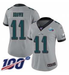 Women's Nike Philadelphia Eagles #11 A.J. Brown Silver Super Bowl LVII Patch Stitched NFL Limited Inverted Legend 100th Season Jersey