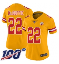Women's Nike Kansas City Chiefs #22 Trent McDuffie Gold Stitched NFL Limited Inverted Legend 100th Season Jersey