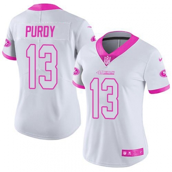 Women's Nike San Francisco 49ers #13 Brock Purdy White-Pink Stitched NFL Limited Rush Fashion Jersey Women's Nike San Francisco 49ers #13 Brock Purdy White-Pink Stitched NFL Limited Rush Fashion Jersey