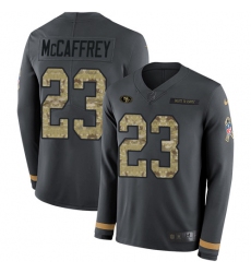 Men's Nike San Francisco 49ers #23 Christian McCaffrey Anthracite Salute to Service Stitched NFL Limited Therma Long Sleeve Jersey