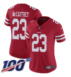 Women's Nike San Francisco 49ers #23 Christian McCaffrey Red Team Color Stitched NFL 100th Season Vapor Limited Jersey