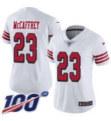 Women's Nike San Francisco 49ers #23 Christian McCaffrey White Rush Stitched NFL Limited 100th Season Jersey