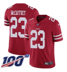 Youth Nike San Francisco 49ers #23 Christian McCaffrey Red Team Color Stitched NFL 100th Season Vapor Limited Jersey