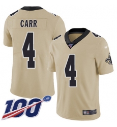 Men's Nike New Orleans Saints #4 Derek Carr Gold Stitched NFL Limited Inverted Legend 100th Season Jersey
