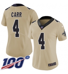 Women's Nike New Orleans Saints #4 Derek Carr Gold Stitched NFL Limited Inverted Legend 100th Season Jersey