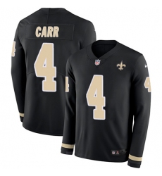 Youth Nike New Orleans Saints #4 Derek Carr Black Team Color Stitched NFL Limited Therma Long Sleeve Jersey