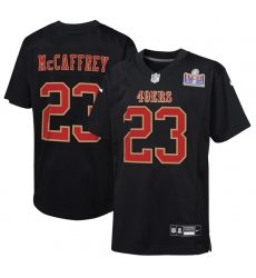 Youth Nike #23 Christian McCaffrey Black San Francisco 49ers Super Bowl LVIII Patch Carbon Fashion Game Jersey