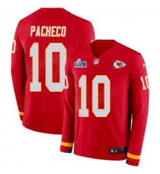 Men's Nike Kansas City Chiefs #10 Isiah Pacheco Red Team Color Super Bowl LVII Patch Stitched NFL Limited Therma Long Sleeve Jersey