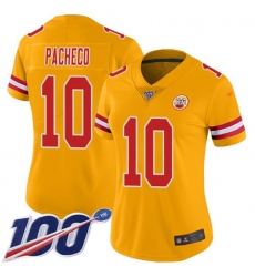 Women's Nike Kansas City Chiefs #10 Isiah Pacheco Gold Stitched NFL Limited Inverted Legend 100th Season Jersey