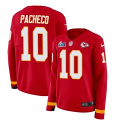 Women's Nike Kansas City Chiefs #10 Isiah Pacheco Red Team Color Super Bowl LVII Patch Stitched NFL Limited Therma Long Sleeve Jersey