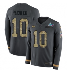 Youth Nike Kansas City Chiefs #10 Isiah Pacheco Anthracite Salute to Service Super Bowl LVII Patch Stitched NFL Limited Therma Long Sleeve Jersey