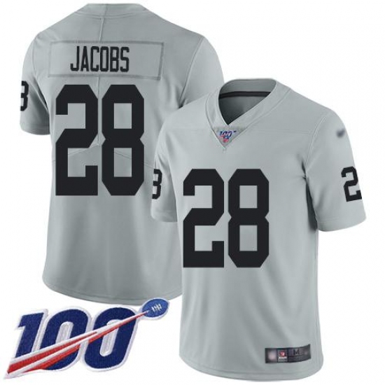 Men's Nike Las Vegas Raiders #28 Josh Jacobs Silver Stitched NFL Limited Inverted Legend 100th Season Jersey Men's Nike Las Vegas Raiders #28 Josh Jacobs Silver Stitched NFL Limited Inverted Legend 100th Season Jersey