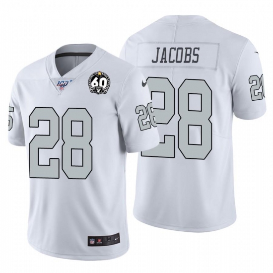 Men's Nike Las Vegas Raiders #28 Josh Jacobs White 60th Anniversary Patch Stitched NFL 100 Limited Color Rush Jersey Men's Nike Las Vegas Raiders #28 Josh Jacobs White 60th Anniversary Patch Stitched NFL 100 Limited Color Rush Jersey