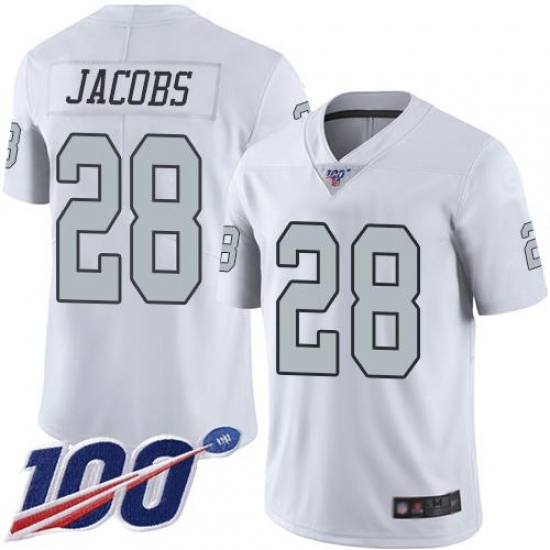 Men's Nike Las Vegas Raiders #28 Josh Jacobs White Stitched NFL Limited Rush 100th Season Jersey Men's Nike Las Vegas Raiders #28 Josh Jacobs White Stitched NFL Limited Rush 100th Season Jersey