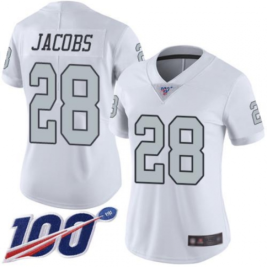 Women's Nike Las Vegas Raiders #28 Josh Jacobs White Stitched NFL Limited Rush 100th Season Jersey Women's Nike Las Vegas Raiders #28 Josh Jacobs White Stitched NFL Limited Rush 100th Season Jersey