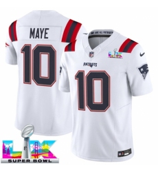 New England Patriots 10 Drake Maye White 2025 F U S E Super Bowl LX Patch Vapor Limited Stitched Football Jersey