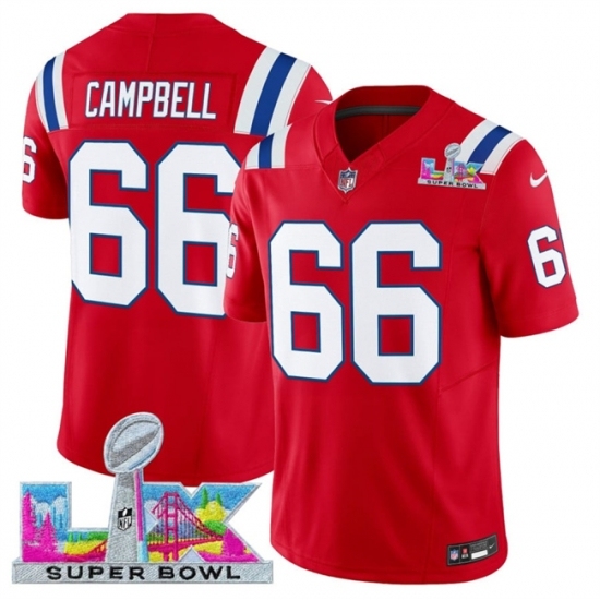 New England Patriots 66 Will Campbell Red 2025 F U S E Super Bowl LX Patch Vapor Limited Stitched Football Jersey New England Patriots 66 Will Campbell Red 2025 F U S E Super Bowl LX Patch Vapor Limited Stitched Football Jersey