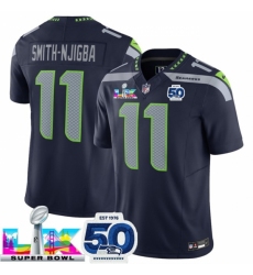 Seattle Seahawks 11 Jaxon Smith Njigba Navy 2025 F U S E Super Bowl LX Patch And 50th Season Patch Vapor Limited Stitched Football Jersey