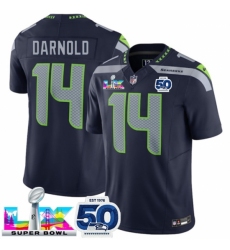 Seattle Seahawks 14 Sam Darnold Navy 2025 F U S E Super Bowl LX Patch And 50th Season Patch Vapor Limited Stitched Football Jersey