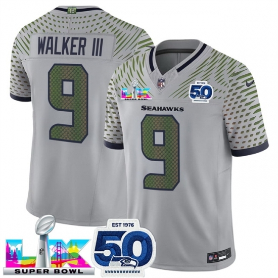 Seattle Seahawks 9 Kenneth Walker III Grey 2025 F U S E Super Bowl LX Patch And 50th Season Patch Rivalries Vapor Limited Stitched Football Jersey Seattle Seahawks 9 Kenneth Walker III Grey 2025 F U S E Super Bowl LX Patch And 50th Season Patch Rivalries Vapor Limited Stitched Football Jersey