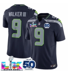 Seattle Seahawks 9 Kenneth Walker III Navy 2025 F U S E Super Bowl LX Patch And 50th Season Patch Vapor Limited Stitched Football Jersey