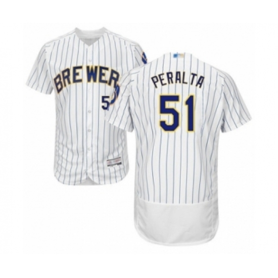 Men's Milwaukee Brewers #51 Freddy Peralta White Home Flex Base Authentic Collection Baseball Player Jersey Men's Milwaukee Brewers #51 Freddy Peralta White Home Flex Base Authentic Collection Baseball Player Jersey