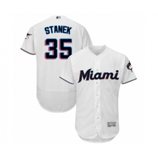 Men's Miami Marlins #35 Ryne Stanek White Home Flex Base Authentic Collection Baseball Player Jersey Men's Miami Marlins #35 Ryne Stanek White Home Flex Base Authentic Collection Baseball Player Jersey