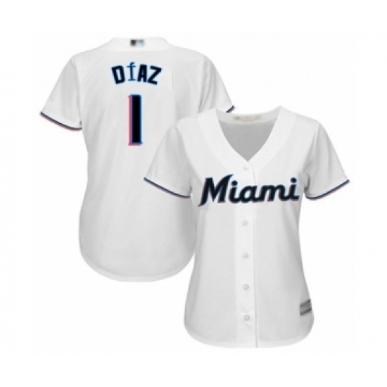 Women's Miami Marlins #1 Isan Diaz Authentic White Home Cool Base Baseball Player Jersey Women's Miami Marlins #1 Isan Diaz Authentic White Home Cool Base Baseball Player Jersey