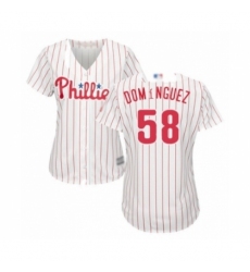 Women's Philadelphia Phillies #58 Seranthony Dominguez Authentic White Red Strip Home Cool Base Baseball Player Jersey Women's Philadelphia Phillies #58 Seranthony Dominguez Authentic White Red Strip Home Cool Base Baseball Player Jersey